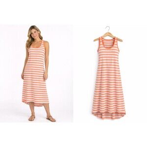 New Ambiance Apparel Hi Lo Dress Size Large Coral Beige Stripe